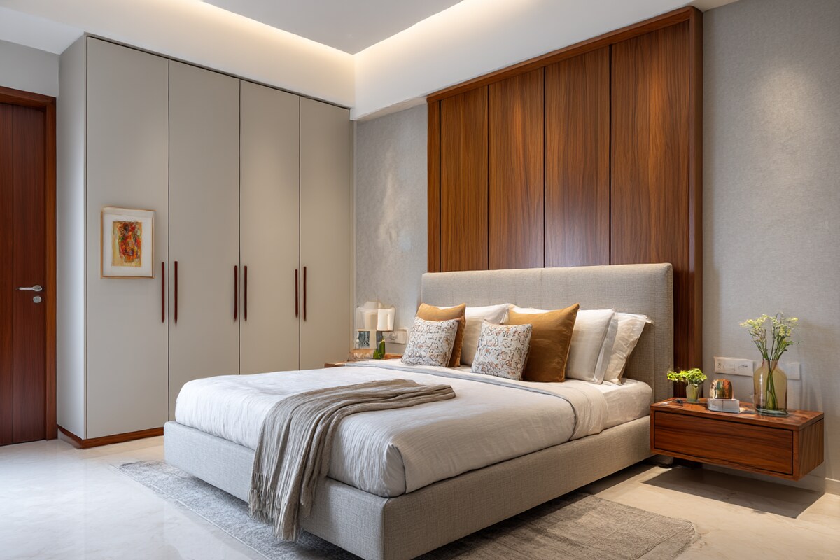 Luxury Master Bedroom Suite featuring Integrated Dressing Mirror & Floating Vanity #7